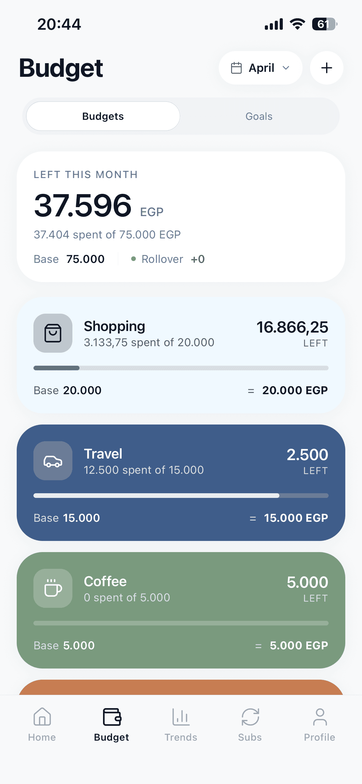 Hesabaty budgets screen